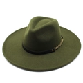 Close-up of olive green wide brim wool fedora hat with black leather band and gold chain - 57-59cm / Army Green