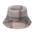 Close-up of the plush faux fur texture and grey plaid pattern on this winter bucket hat - Big Plaid Grey