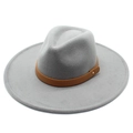Light grey wool fedora hat with wide brim and brown leather band for autumn winter - Adult 57-59cm / Light Gray