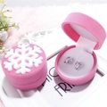 Pink velvet round jewelry box with white snowflake relief and inner earring storage - Pink Snowflake
