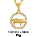 Makroaufnahme von goldenem Schwein-Sternzeichen-Anhänger mit Zirkonia-Besatz auf Kette - Schwein
