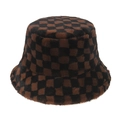 Close-up of brown and black checkerboard plush fisherman hat showing soft fuzzy texture - Brown