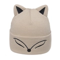 Detail of fox ear beanie featuring cute closed-eye embroidery and contrast 3D ears - M (56-58cm) / Beige