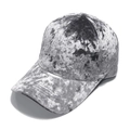 Detail of silver-grey velvet texture on a classic six-panel baseball cap with curved brim - Silver