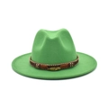Detail of green fedora hat featuring woven brown band and golden metal feather pendant - Grass Green