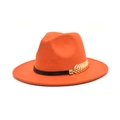 Detail of bright orange wool fedora hat with black band and gold leaf ornament - M (56-58cm) / Orange