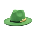 Close-up of emerald green wool fedora hat featuring black leather band and gold leaf charm - M (56-58cm) / Grass Green