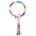 Colorful striped leather O-ring keychain bracelet with tassel and golden metal hardware - Rainbow
