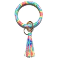 Rainbow tie-dye round leather bracelet keychain with fringe tassel and gold hardware - Green Tie-dye