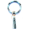 Blue snakeskin pattern leather bracelet keychain with gold metal ring and tassel charm - Aqua Snake Skin