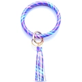 Blue and purple leopard snake print leather bangle keychain with long fringe and gold ring - Multi-Color Geometric Stripe