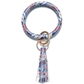 Paisley floral leather wristband keychain with tassel and golden metal rings - Boho