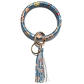 Blue faux leather key ring bracelet with food prints, tassels and gold metal clip - Food Pattern