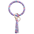 Colorful striped leather bangle keychain with bohemian tassel and golden metal hardware - Diagonal Stripes