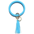 Detail of bright blue litchi leather wristlet keychain with golden metal ring and tassel - Sky Blue
