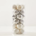 Silver and white painted Christmas ball set with snowflake patterns in a cylinder box - 8cm Painted Silver Bucket (Approx 24pcs/Bucket)