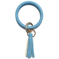 Blue lychee pattern leather O-ring keychain with matching tassel and gold metal hardware - Aqua Blue