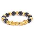 Chinese black obsidian Pi Xiu bracelet with golden six-word mantra beads - Double Pixiu Auspicious Cloud Pattern Style