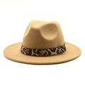 Detail of khaki wool fedora hat with leopard print band and gold stud accent - M (56-58cm) / Camel