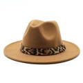 Close-up of a camel wool fedora hat featuring a leopard print band and golden stud detail - M (56-58cm) / Light Coffee