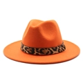 Stylish orange wool felt fedora hat featuring a leopard print band and wide brim - M (56-58cm) / Orange