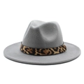 Detail of grey wool fedora hat featuring leopard print ribbon and gold metal stud - M (56-58cm) / Light Gray