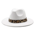 White wool fedora hat with flat brim and leopard print band featuring golden studs - M (56-58cm) / White