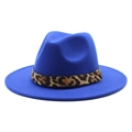 Close-up of royal blue fedora hat featuring a leopard print band and metal stud details - M (56-58cm) / Sapphire Blue