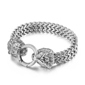 Polished silver stainless steel double lion head bracelet with thick curb chain link - Steel