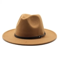 Detail of camel wool fedora hat featuring flat wide brim and black leather band with silver buckle - M (56-58cm) / Light Coffee