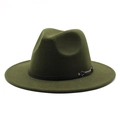 Detail of army green wool fedora hat with flat brim and black leather decorative band - M (56-58cm) / Army Green
