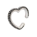 Silver heart-shaped ear cuff with black micro-pave cubic zirconia on white background - Platinum Black Zirconia