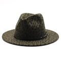 Olive green leopard print wool fedora hat with black leather strap and metal buckle - M (56-58cm) / Army Green