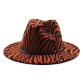 Classic orange fedora hat with black zebra patterns and sleek leather band decoration - M (56-58cm) / Rust red