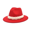 Elegant red wool jazz fedora hat for women with luxury white pearl bead decorative band - Red