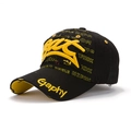 Distressed black baseball cap with yellow 3D foam embroidery and vintage frayed brim - Black with Yellow Letters