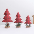 Three-piece red plaid fabric mini Christmas tree tabletop decor with wooden base - Red Plaid Tree