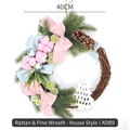 40cm Christmas wreath with pink cotton bolls, pine cones, and a small wooden house decor - 40CM Pine Branch House Style