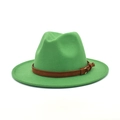 Detail of green wool fedora hat featuring a brown suede band and metal buckle - M (56-58cm) / Grass Green