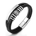 Detail of men's layered leather bracelet with stainless steel beads and magnetic clasp - 19cm / Black