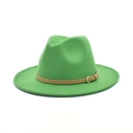 Close-up of grass green wool fedora hat featuring a brown leather band and gold buckle - M(56-58cm) / Grass Green