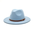 Close-up of light blue wool fedora hat featuring a brown leather belt with metal buckle - M (56-58cm) / Sky Blue