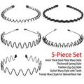 Set di 5 cerchietti per capelli in metallo nero da uomo con vari stili ondulati e spirali - Set moda uomo da 5 pezzi