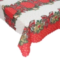 Nordic Christmas tablecloth with red checkered bows, holly leaves, and pine cones - Style H