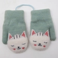 Green and white knitted toddlers mittens with cute cartoon cat pattern and neck string - 1-3 Years / Cat Figurine Lanyard Style / Green