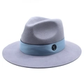 Classic grey wool wide brim fedora hat with light blue ribbon and metal logo detail - M (56-58cm) / Sky Blue