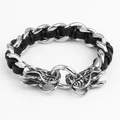 Men's double dragon head bracelet in silver stainless steel and black woven leather - Silver Dragon Head Style (KB43527-D)