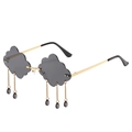 Cloud shaped rimless sunglasses with gold metal temples and hanging tassel teardrop charms - Gold Frame Black Lens