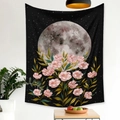 Detail of bohemian moon phase tapestry with pink flowers and gold leaves on a black background - Grey Full Moon with Pink Cherry Blossoms (Style-7)