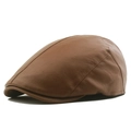 Classic dark brown leather flat cap for men with premium textured grain finish - Khaki